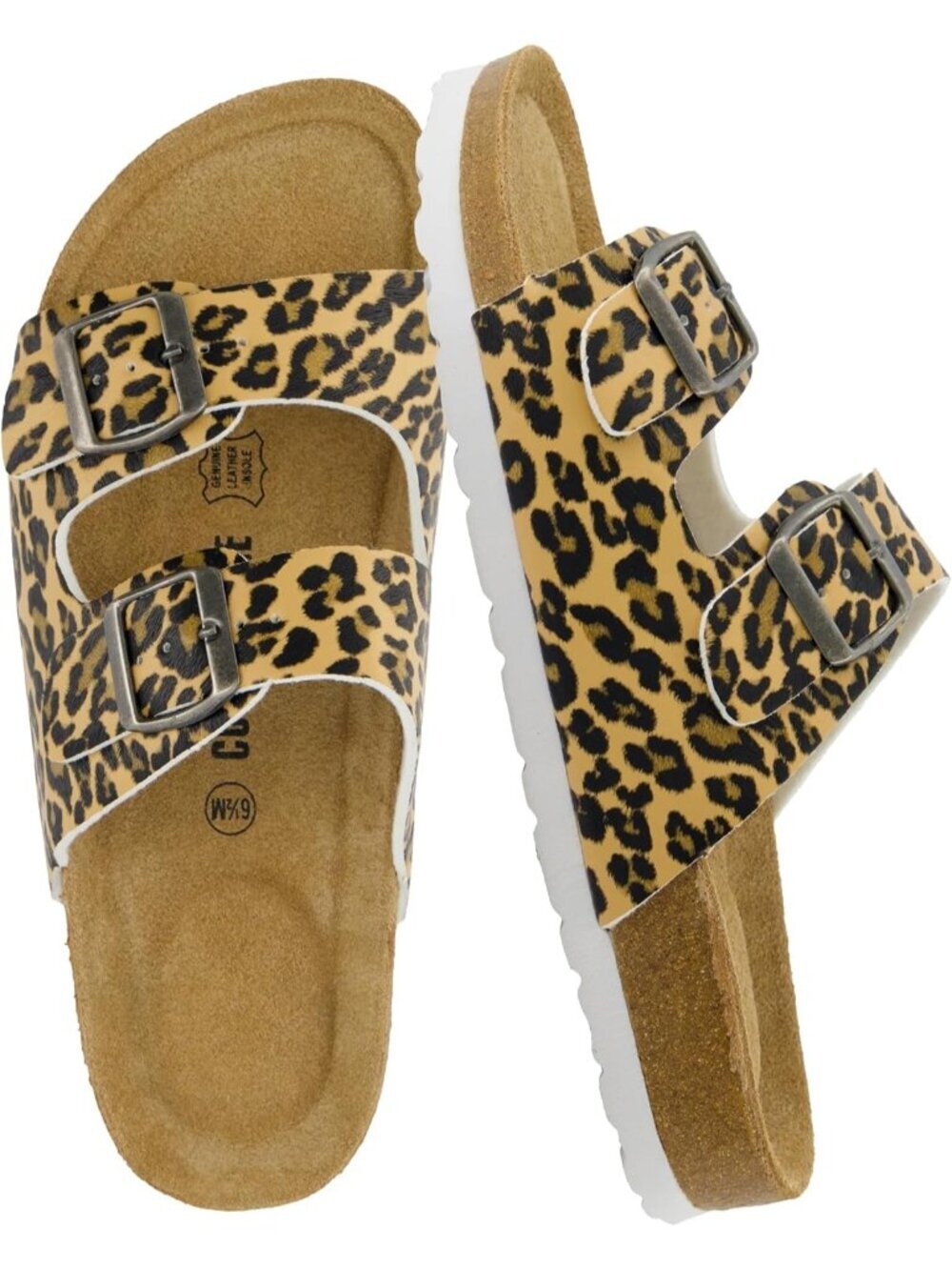 Womens Leopard Footbed Sandals Comfort Double Buckle Two Strap Slide Flats Shoes